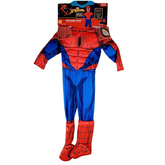 Disfraz De Spider-Man De Pecho Plano | Incluye Máscara Y Cubre Zapatos | Talla M (5-6 Años) | Cierre De Velcro | 100% Poliéster